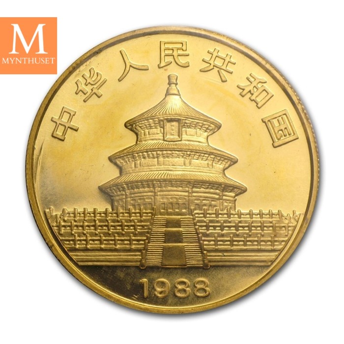 1988 China 1 oz Gold Panda BU med små anmerkninger i kapsel