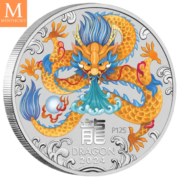 2024 Australia 1 oz Sølv Lunar S3 Year of the Dragon Farger BU M/Kapsel