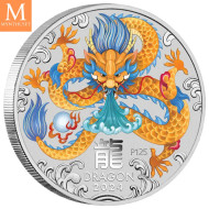 2024 Australia 1 oz Sølv Lunar S3 Year of the Dragon Farger BU M/Kapsel