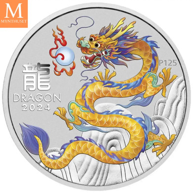 2024 Australia1 oz Sølv Lunar S3 Year of the Dragon Farget Yellow BU M/Kapsel