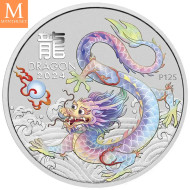 2024 Australia 1 oz Sølv Lunar S3 Year of the Dragon Farget hvit BU M/Kapsel