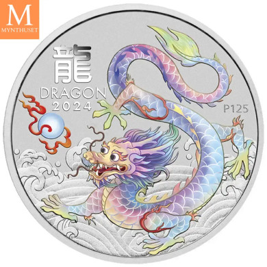 2024 Australia 1 oz Sølv Lunar S3 Year of the Dragon Farget hvit BU M/Kapsel