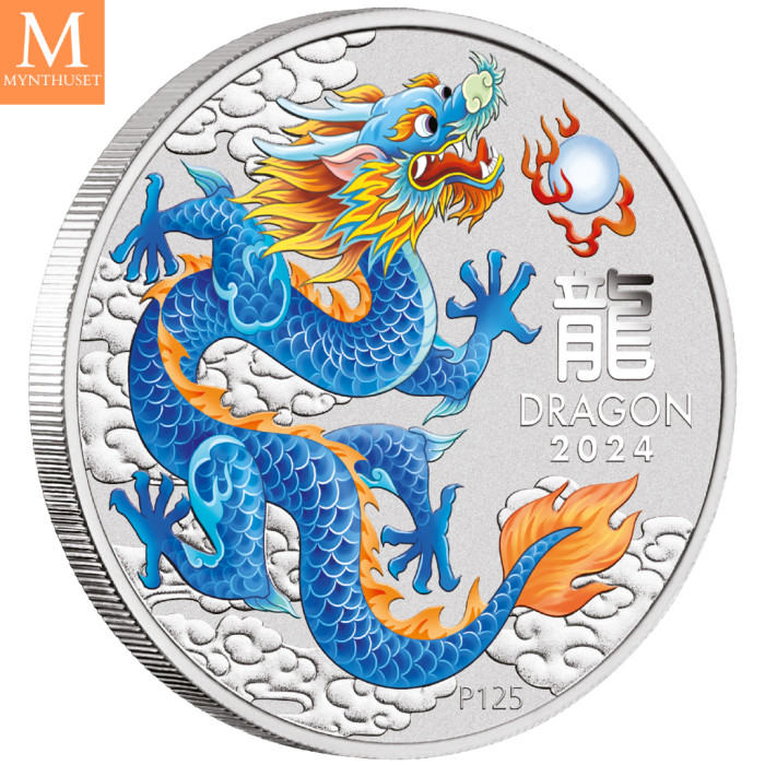 2024 Australia LUNAR BLUE DRAGON 1 OZ SØLV PERTH MINT BU M/Kapsel