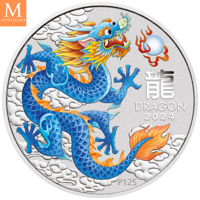 2024 Australia LUNAR BLUE DRAGON 1 OZ SØLV PERTH MINT BU M/Kapsel