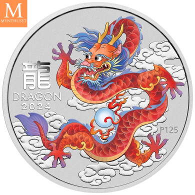 2024 Australia LUNAR RED DRAGON 1 OZ SØLV PERTH MINT BU M/Kapsel