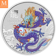 2024 Australia 1 oz Sølv Lunar S3 Year of the Dragon Farget Lilla BU M/Kapsel