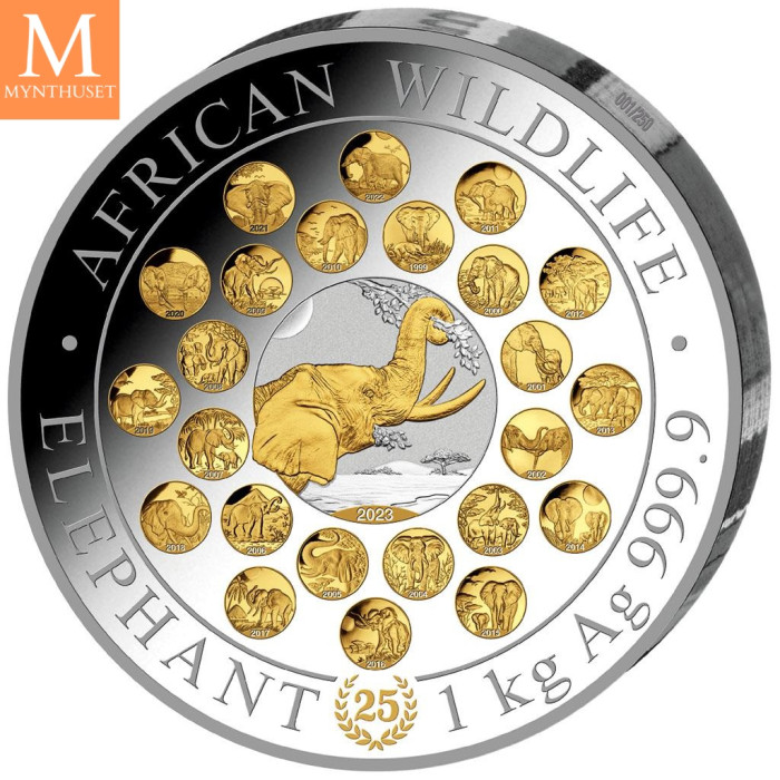 2023 Somalia 1 kilo Sølv Elephant JUBILEE UTGAVE i kvalitet proof med skrin og coa