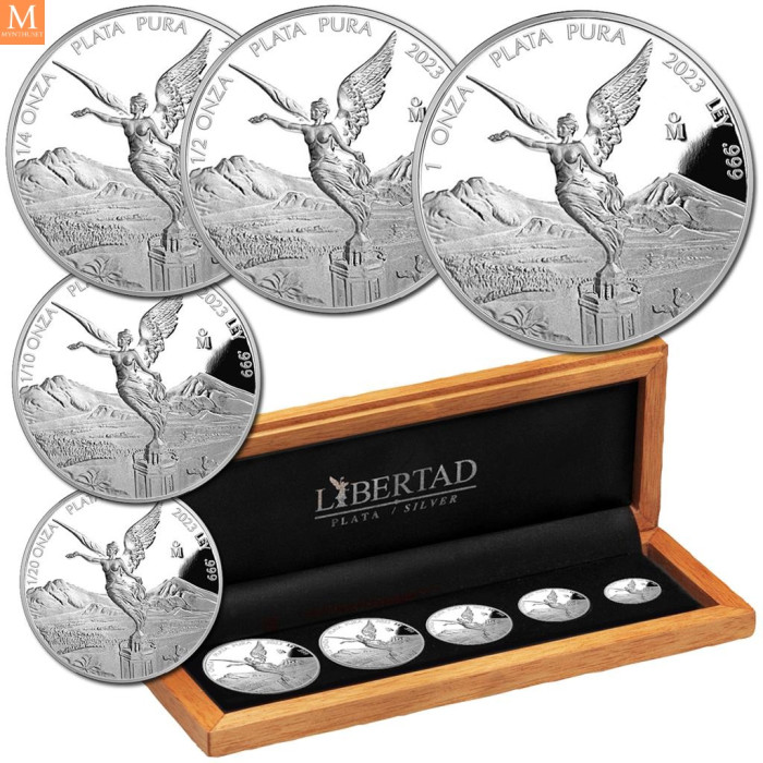 2023 Mexico 1,9 oz Sølv 5 mynter Libertad Proof sett M/Etui & COA