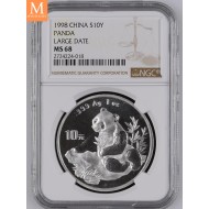 1998 China LARGE DATE SØLV PANDA 10 YUAN MS68