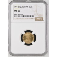 1910 Norway 10 kroner gull NGC MS63 , 0/01