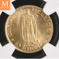 1910 Norway 10 kroner gull NGC MS63 , 0/01