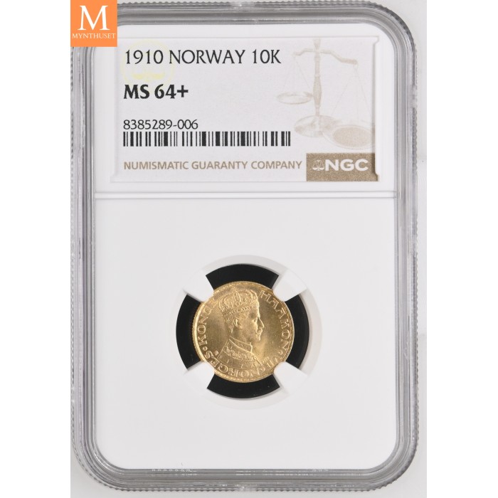 1910 Norway 10 kroner gull NGC MS64+ , 0/01