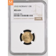 1910 Norway 10 kroner gull NGC MS64+ , 0/01