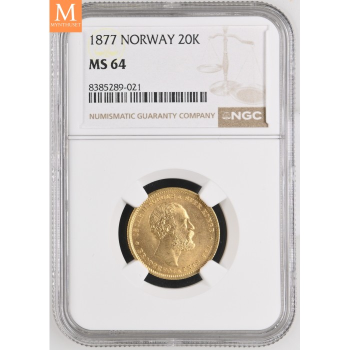 1877 20 kroner kvalitet 0/01, NGC MS64