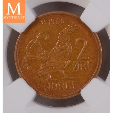 2 øre 1968 kvalitet 0 gradert av NGC MS66 NYDELIG!