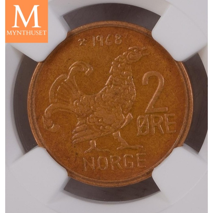 2 øre 1968 kvalitet 0 gradert av NGC MS66 NYDELIG!