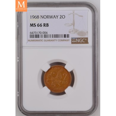 2 øre 1968 kvalitet 0 gradert av NGC MS66 NYDELIG!