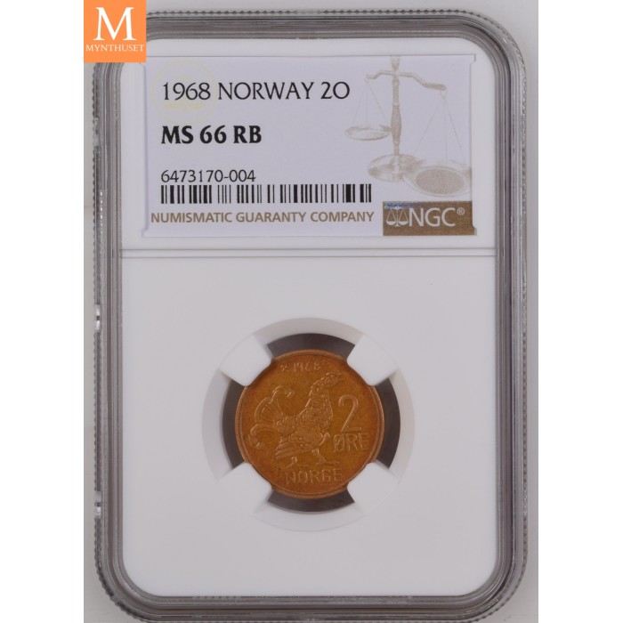 2 øre 1968 kvalitet 0 gradert av NGC MS66 NYDELIG!