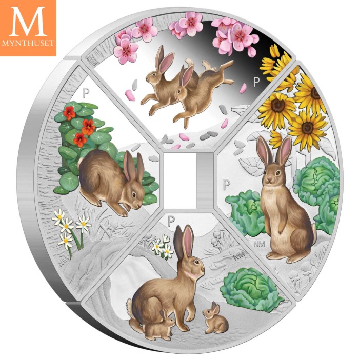 2023 Tuvalu YEAR OF THE Rabbit 4 x 1 DOLLAR SETT MED KVADRANTFORMEDE MYNTER I KVALITET PROOF MED ESKE OG COA
