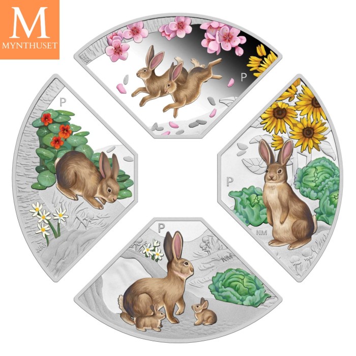 2023 Tuvalu YEAR OF THE Rabbit 4 x 1 DOLLAR SETT MED KVADRANTFORMEDE MYNTER I KVALITET PROOF MED ESKE OG COA