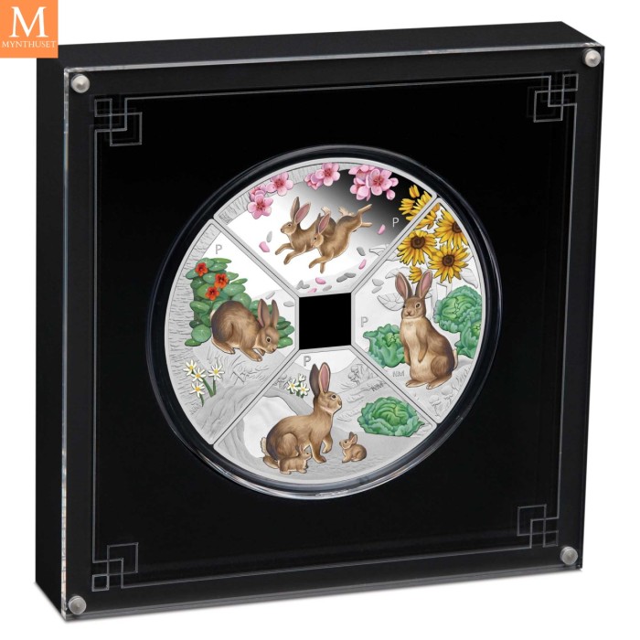 2023 Tuvalu YEAR OF THE Rabbit 4 x 1 DOLLAR SETT MED KVADRANTFORMEDE MYNTER I KVALITET PROOF MED ESKE OG COA