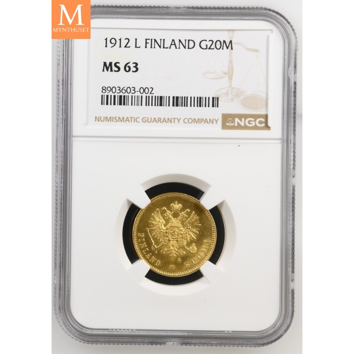 1912 L Finland/Russia 20 Markkaa NGC MS63 MEGET SJELDEN !