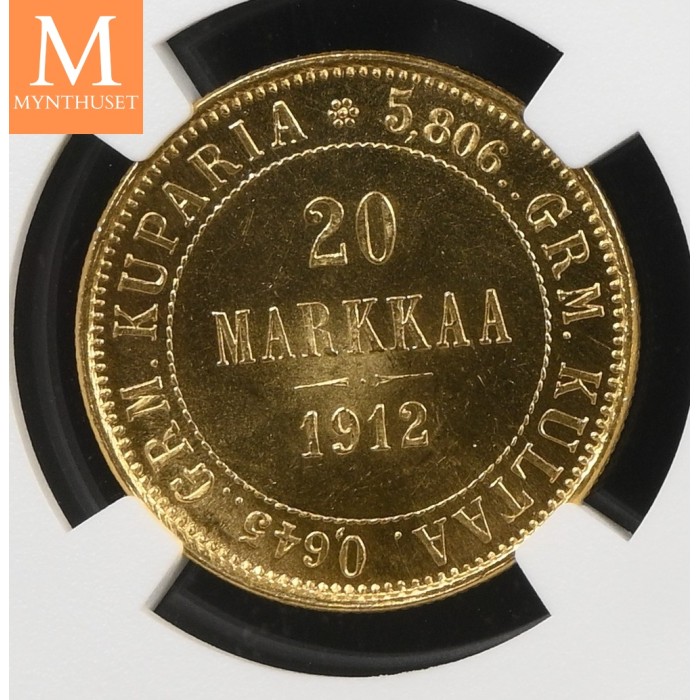 1912 L Finland/Russia 20 Markkaa NGC MS64 MEGET SJELDEN !