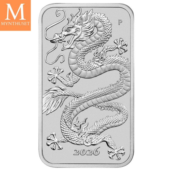 2026 Australia 1 oz Sølv Dragon Coinbar BU med kapsel