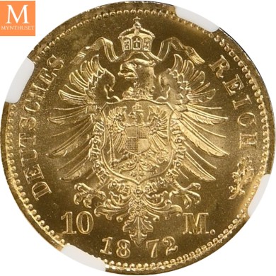 1872 A GERMANY PRUSSIA 10 Mark NGC MS64+