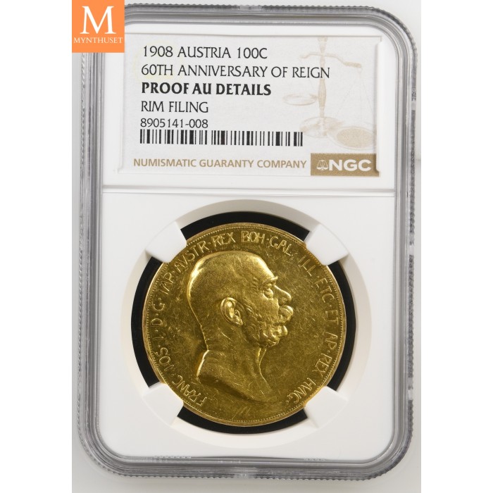 1908 Austria Gold 100 Corona 60th Anniversary of Reign Proof
