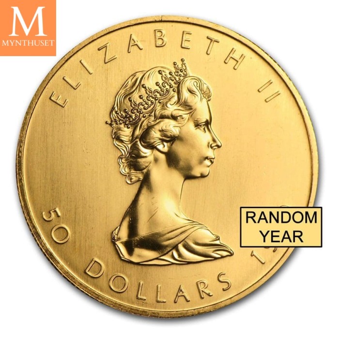 Canada 1 OZ GULL Tilfeldig år 9999 MAPLE LEAF Kvalitet 0/01 I KAPSEL