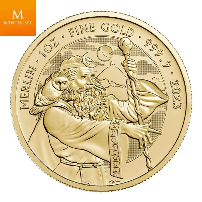 2023 Storbritannia 1 oz Gull Myths and Legends Merlin kvalitet BU i Kapsel