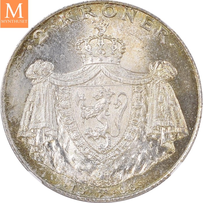 1906 Norge 2 kroner stort skjold NGC MS66