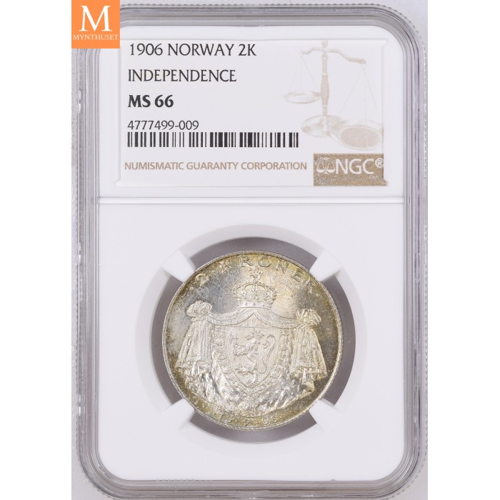 1906 Norge 2 kroner stort skjold NGC MS66
