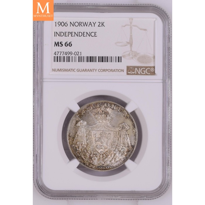 1906 Norge 2 kroner stort skjold NGC MS66