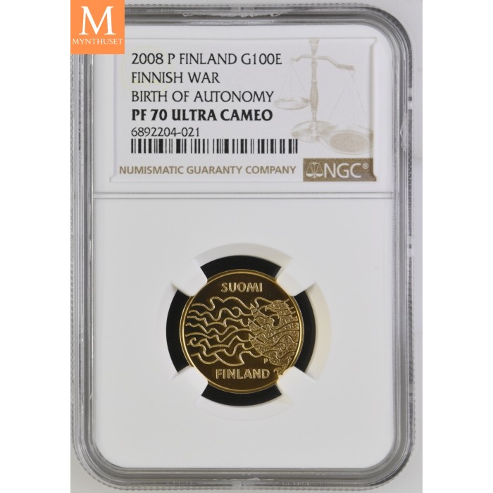 2008 P Finland Gull 100 Euro FINNISH WAR NGC PF70 LAVT OPPLAG!
