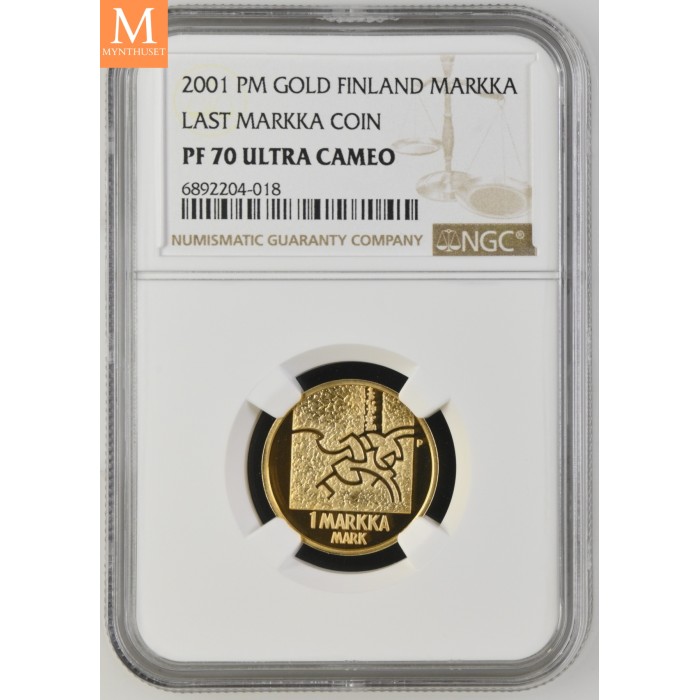 2001 PM Finland Gull 1 Markka LAST MARKKA COIN NGC PF70 LAVT OPPLAG!