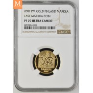 2001 PM Finland Gull 1 Markka LAST MARKKA COIN NGC PF70 LAVT OPPLAG!