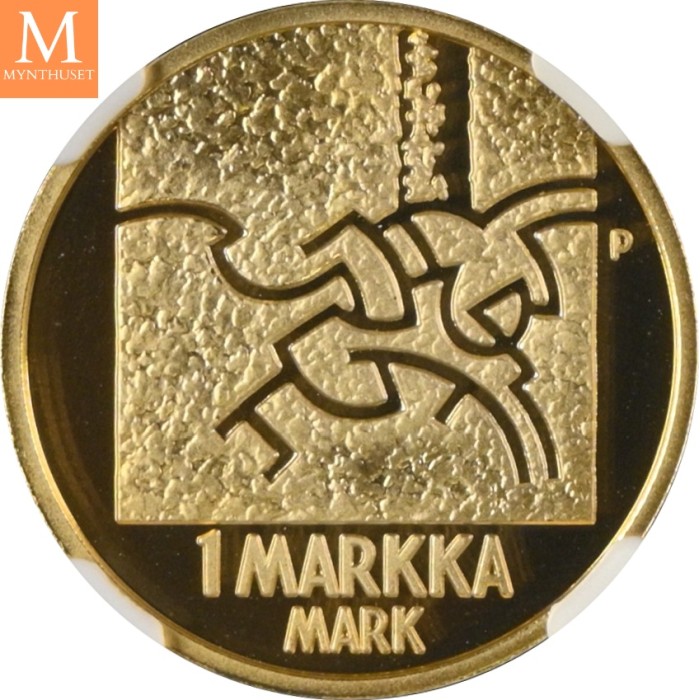 2001 PM Finland Gull 1 Markka LAST MARKKA COIN NGC PF70 LAVT OPPLAG!