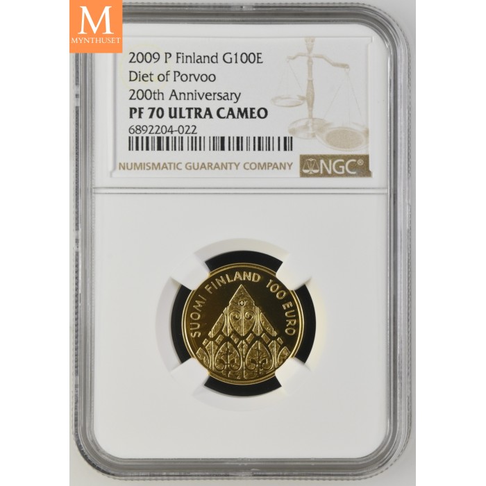 2009 P Finland Gull 100 Euro DIET OF PORVOO NGC PF70 LAVT OPPLAG!
