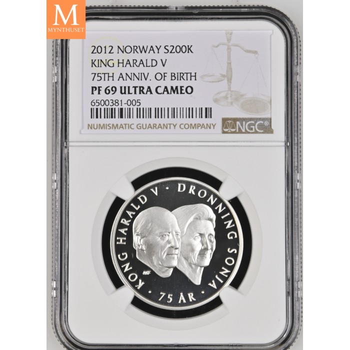 2012 Norway sølv 200 kroner Kong Harald og Dronning Sonja 75 år NGC PF69