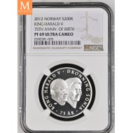 2012 Norway sølv 200 kroner Kong Harald og Dronning Sonja 75 år NGC PF69
