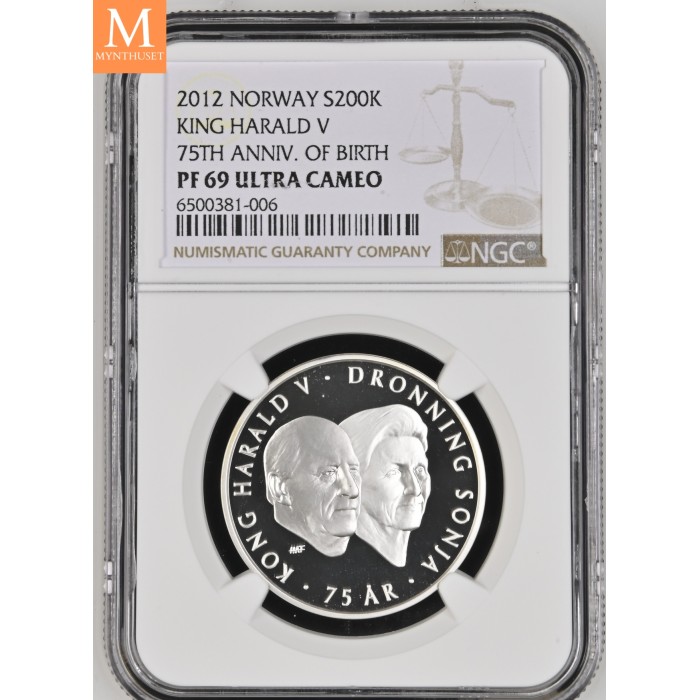 2012 Norway sølv 200 kroner Kong Harald og Dronning Sonja 75 år NGC PF69