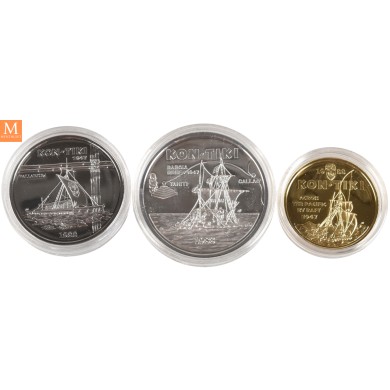 1988 WESTERN SAMOA Kon-Tiki myntene Palladium,Gull og sølv proof