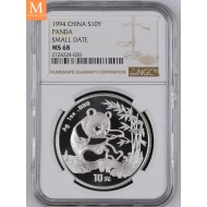 1994 China SMALL DATE SØLV PANDA 10 YUAN MS68