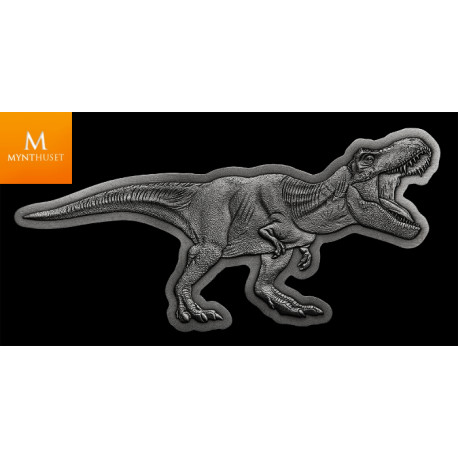 NIUE 2021 2 OZ SØLV «JURASSIC WORLD T-REX» ANTIQUE FINISH M/ETUI & COA