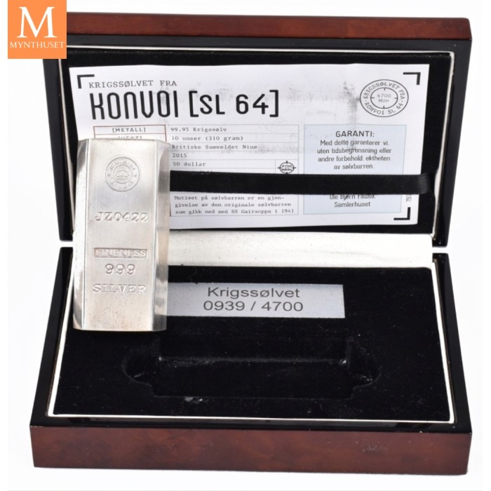 2015 NIUE Krigssølvet fra konvoi SL-64 Sølvbarre/ mynt på 10 oz .999 sølv