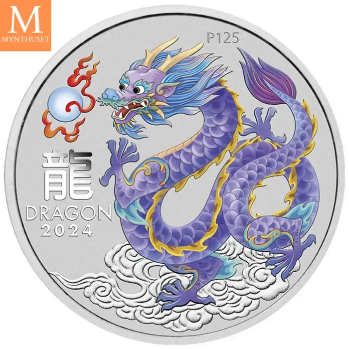 2024 Australia 1 oz Sølv Lunar S3 Year of the Dragon Farget Lilac BU M/Kapsel