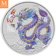 2024 Australia 1 oz Sølv Lunar S3 Year of the Dragon Farget Lilac BU M/Kapsel