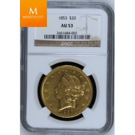 USA: 20 Dollar gull 1853 AU53 Flott mynt 